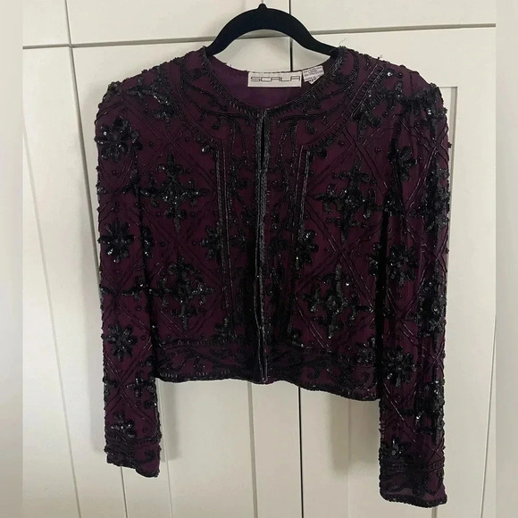 Scala Maroon Black Beaded Silk Evening Jacket - Picture 1 of 8